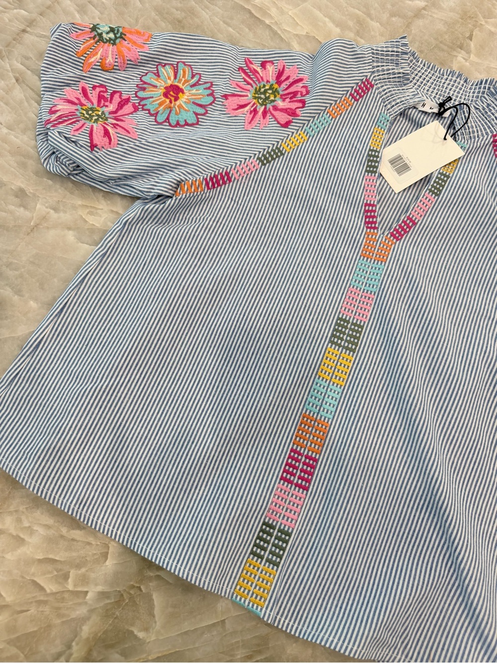 NWT THML Blue Floral Striped Embroidered Top - size extra small - Picture 12 of 15